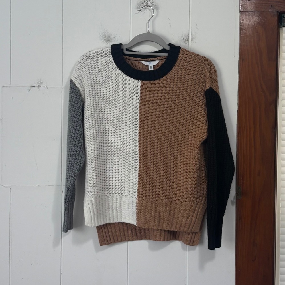 Time and Tru Women XS Colorblock Shaker Knit Sweater Tan Black Grey TT43100